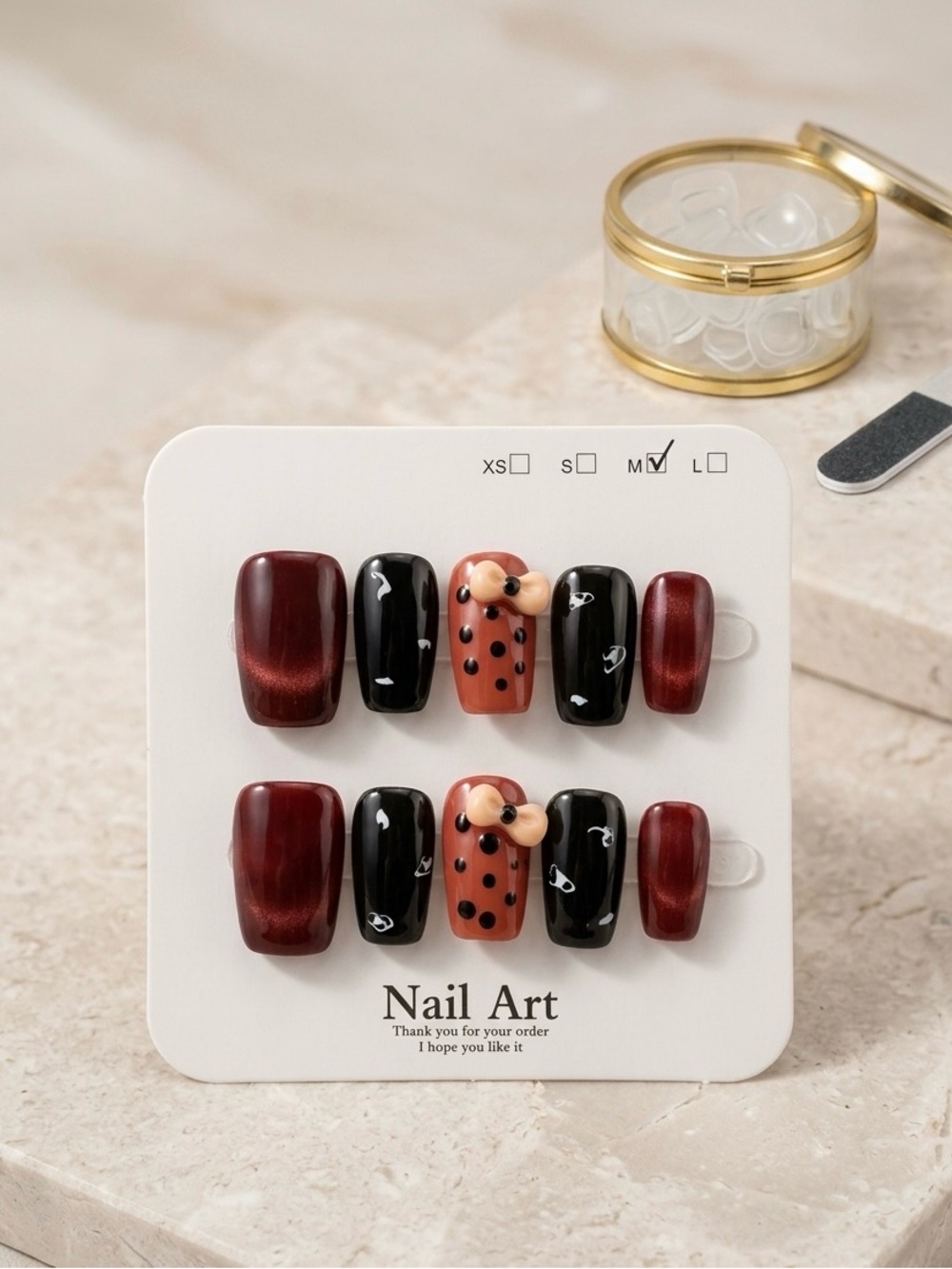 Press-On Nail Set with Burgundy, Black & Peach Polka Dot Accents